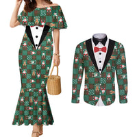 Christmas Patchwork Fake Tuxedo Couples Matching Mermaid Dress and Long Sleeve Button Shirt Santa and Reindeer Green Plaid Style - Wonder Print Shop