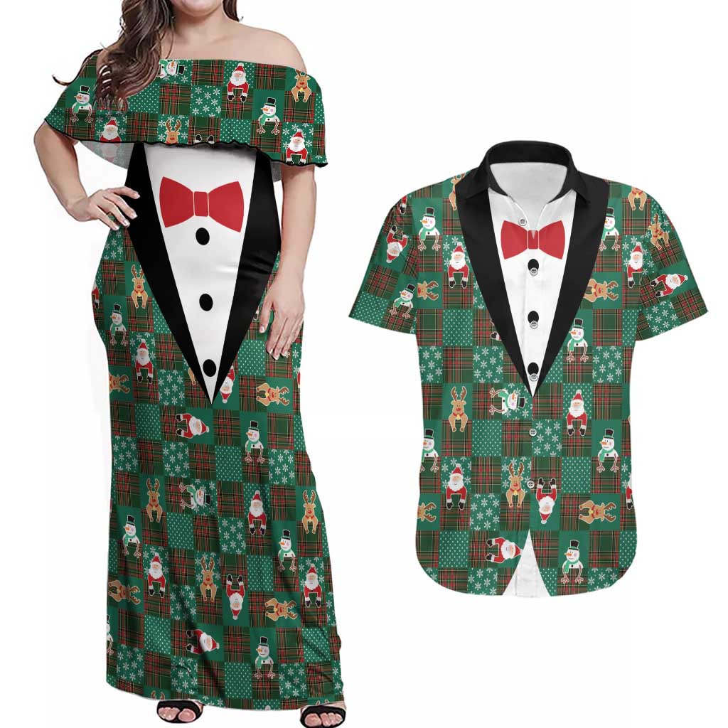 Christmas Patchwork Fake Tuxedo Couples Matching Off Shoulder Maxi Dress and Hawaiian Shirt Santa and Reindeer Green Plaid Style - Wonder Print Shop