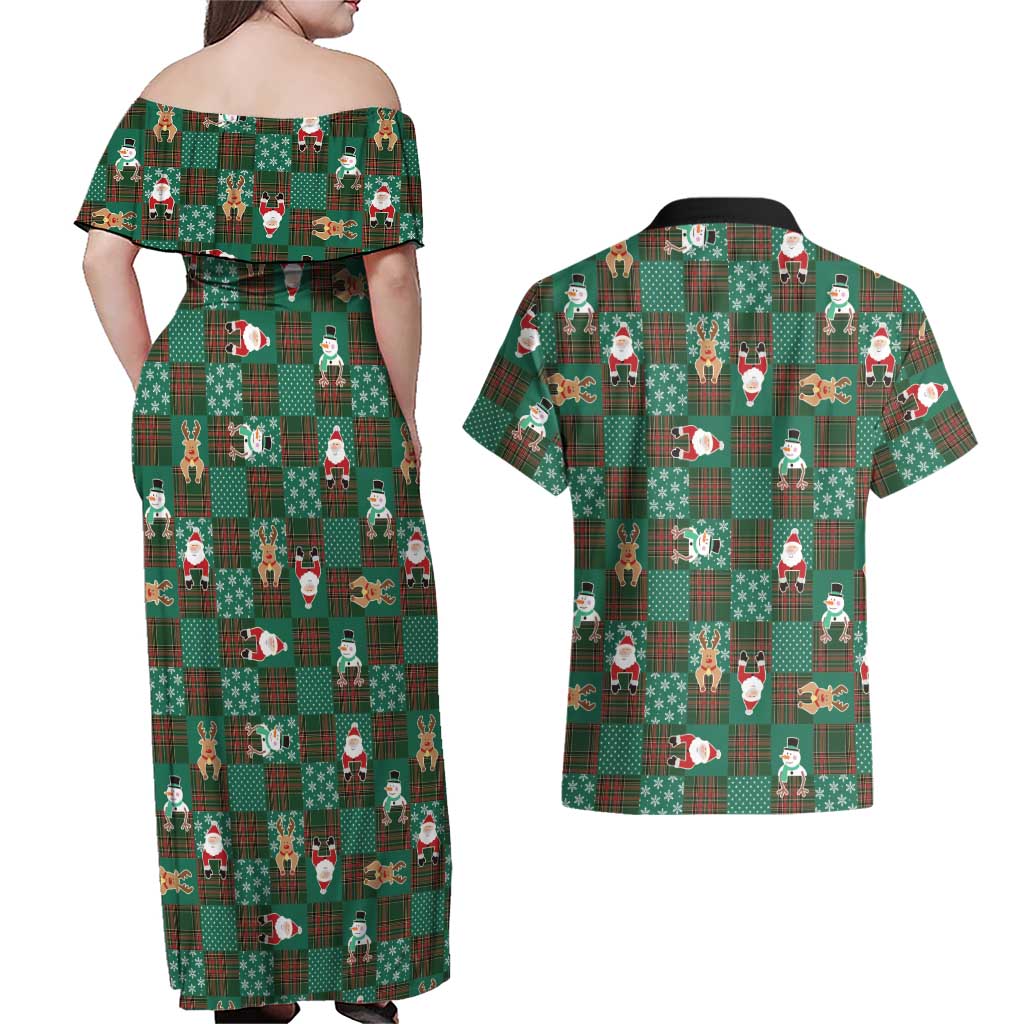 Christmas Patchwork Fake Tuxedo Couples Matching Off Shoulder Maxi Dress and Hawaiian Shirt Santa and Reindeer Green Plaid Style - Wonder Print Shop