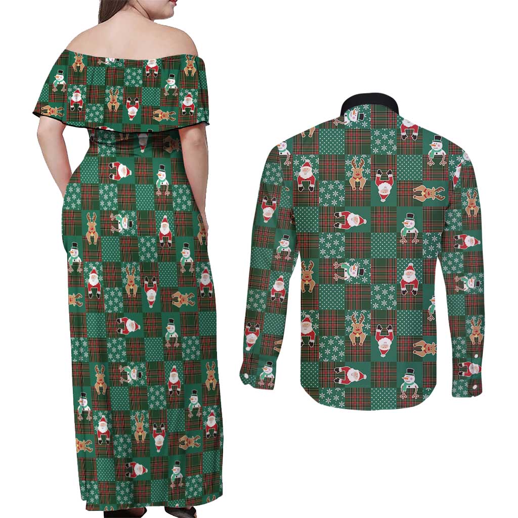 Christmas Patchwork Fake Tuxedo Couples Matching Off Shoulder Maxi Dress and Long Sleeve Button Shirt Santa and Reindeer Green Plaid Style - Wonder Print Shop