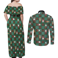 Christmas Patchwork Fake Tuxedo Couples Matching Off Shoulder Maxi Dress and Long Sleeve Button Shirt Santa and Reindeer Green Plaid Style - Wonder Print Shop