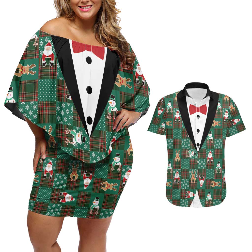 Christmas Patchwork Fake Tuxedo Couples Matching Off Shoulder Short Dress and Hawaiian Shirt Santa and Reindeer Green Plaid Style - Wonder Print Shop