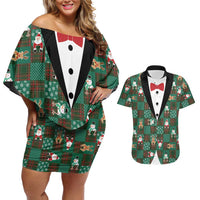 Christmas Patchwork Fake Tuxedo Couples Matching Off Shoulder Short Dress and Hawaiian Shirt Santa and Reindeer Green Plaid Style - Wonder Print Shop
