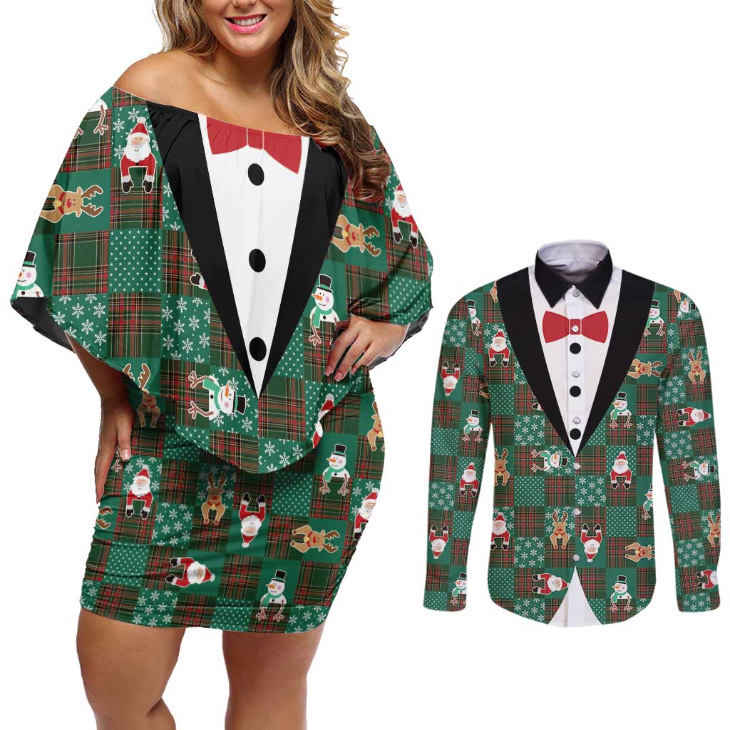 Christmas Patchwork Fake Tuxedo Couples Matching Off Shoulder Short Dress and Long Sleeve Button Shirt Santa and Reindeer Green Plaid Style - Wonder Print Shop