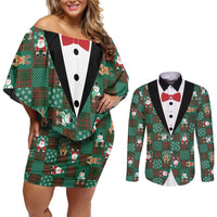 Christmas Patchwork Fake Tuxedo Couples Matching Off Shoulder Short Dress and Long Sleeve Button Shirt Santa and Reindeer Green Plaid Style - Wonder Print Shop