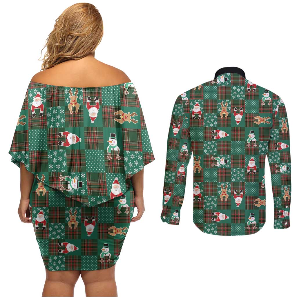 Christmas Patchwork Fake Tuxedo Couples Matching Off Shoulder Short Dress and Long Sleeve Button Shirt Santa and Reindeer Green Plaid Style - Wonder Print Shop