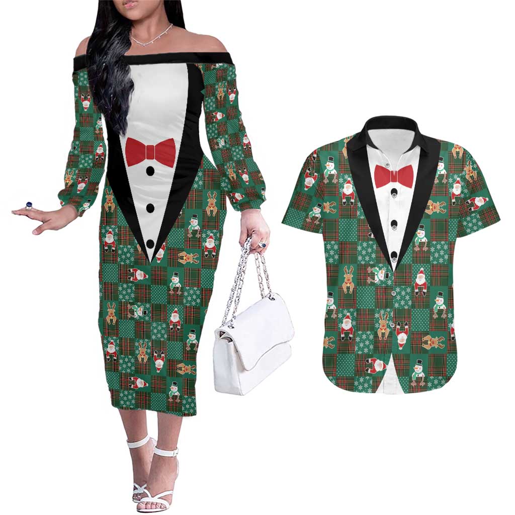 Christmas Patchwork Fake Tuxedo Couples Matching Off The Shoulder Long Sleeve Dress and Hawaiian Shirt Santa and Reindeer Green Plaid Style - Wonder Print Shop