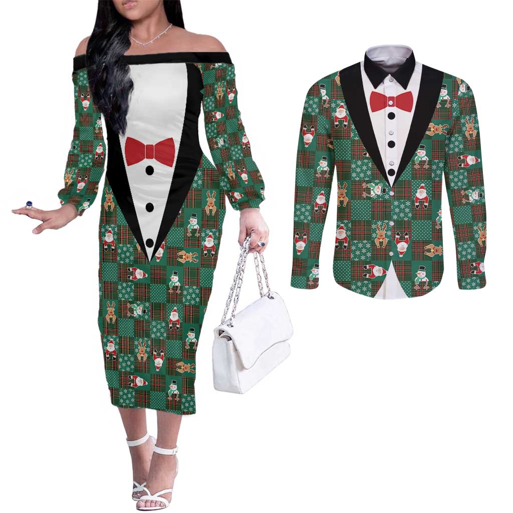 Christmas Patchwork Fake Tuxedo Couples Matching Off The Shoulder Long Sleeve Dress and Long Sleeve Button Shirt Santa and Reindeer Green Plaid Style - Wonder Print Shop