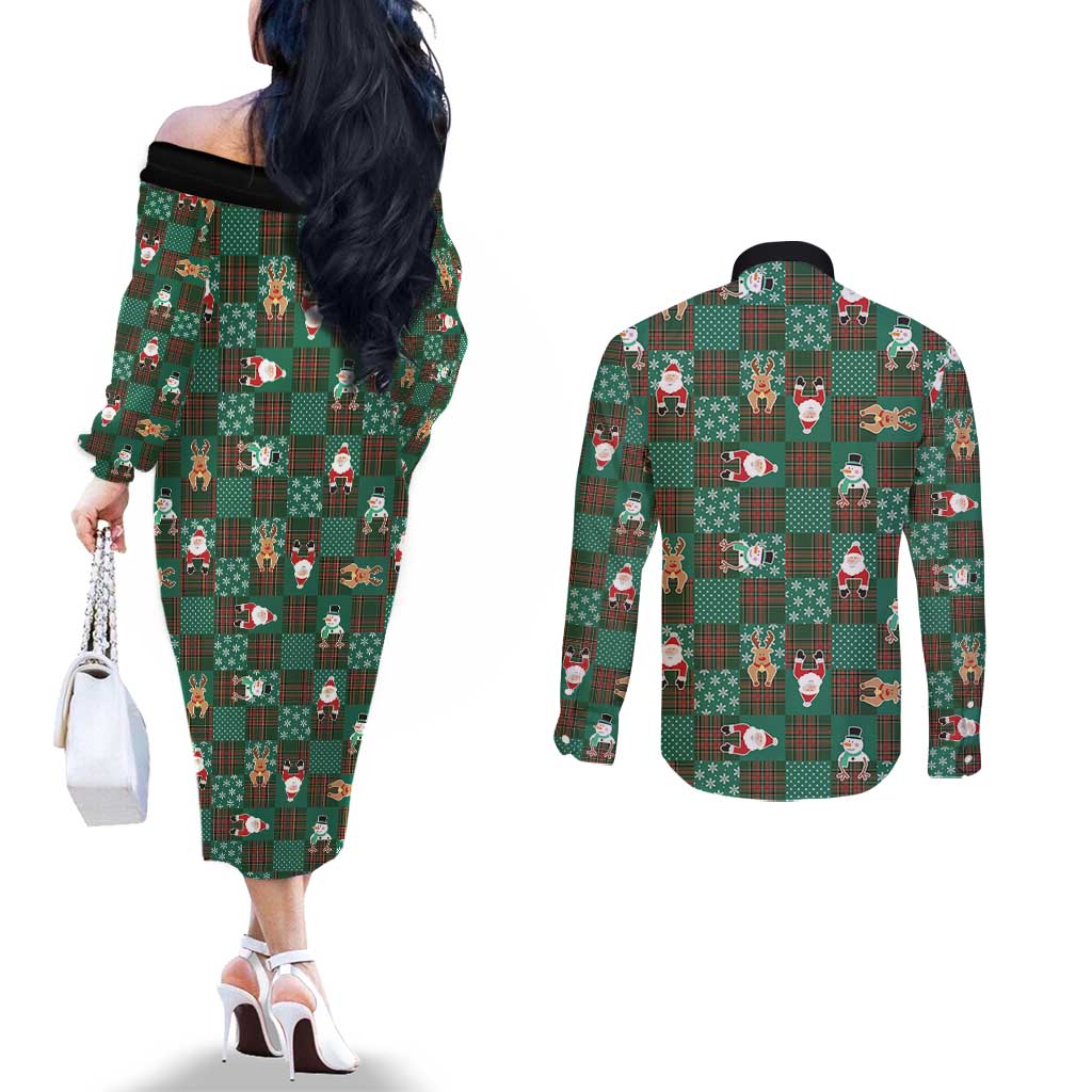 Christmas Patchwork Fake Tuxedo Couples Matching Off The Shoulder Long Sleeve Dress and Long Sleeve Button Shirt Santa and Reindeer Green Plaid Style - Wonder Print Shop
