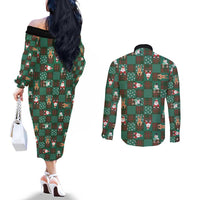Christmas Patchwork Fake Tuxedo Couples Matching Off The Shoulder Long Sleeve Dress and Long Sleeve Button Shirt Santa and Reindeer Green Plaid Style - Wonder Print Shop