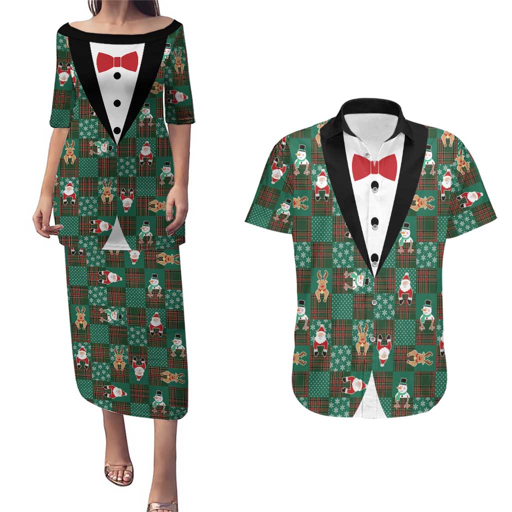 Christmas Patchwork Fake Tuxedo Couples Matching Puletasi and Hawaiian Shirt Santa and Reindeer Green Plaid Style - Wonder Print Shop