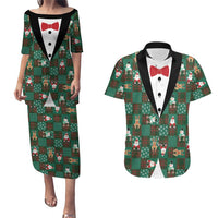 Christmas Patchwork Fake Tuxedo Couples Matching Puletasi and Hawaiian Shirt Santa and Reindeer Green Plaid Style - Wonder Print Shop