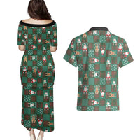 Christmas Patchwork Fake Tuxedo Couples Matching Puletasi and Hawaiian Shirt Santa and Reindeer Green Plaid Style - Wonder Print Shop