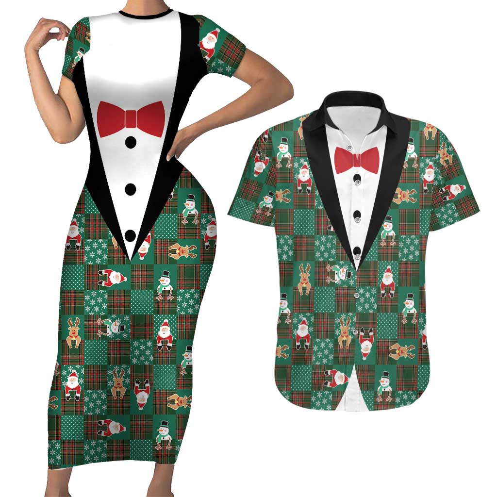 Christmas Patchwork Fake Tuxedo Couples Matching Short Sleeve Bodycon Dress and Hawaiian Shirt Santa and Reindeer Green Plaid Style - Wonder Print Shop