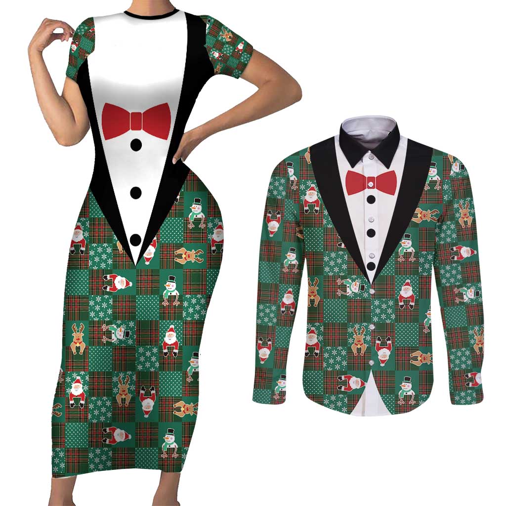 Christmas Patchwork Fake Tuxedo Couples Matching Short Sleeve Bodycon Dress and Long Sleeve Button Shirt Santa and Reindeer Green Plaid Style - Wonder Print Shop