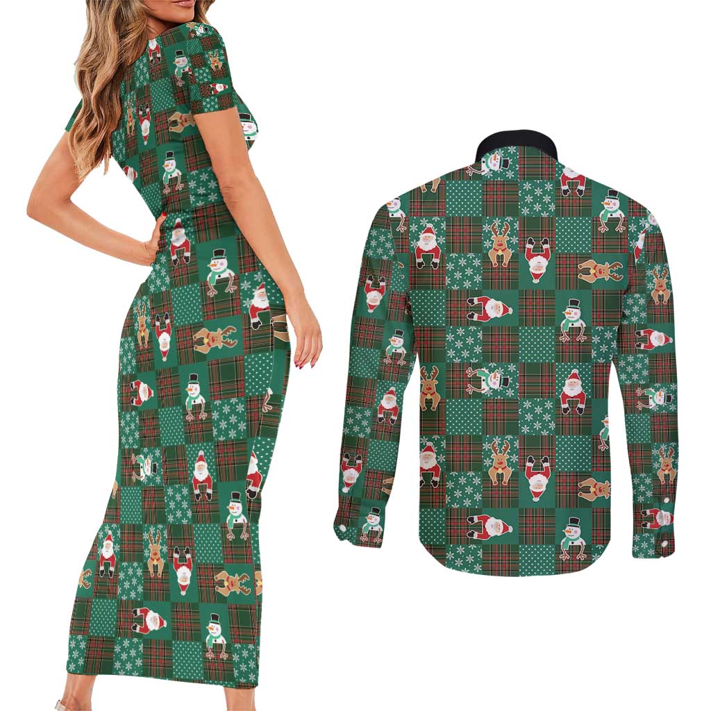 Christmas Patchwork Fake Tuxedo Couples Matching Short Sleeve Bodycon Dress and Long Sleeve Button Shirt Santa and Reindeer Green Plaid Style - Wonder Print Shop
