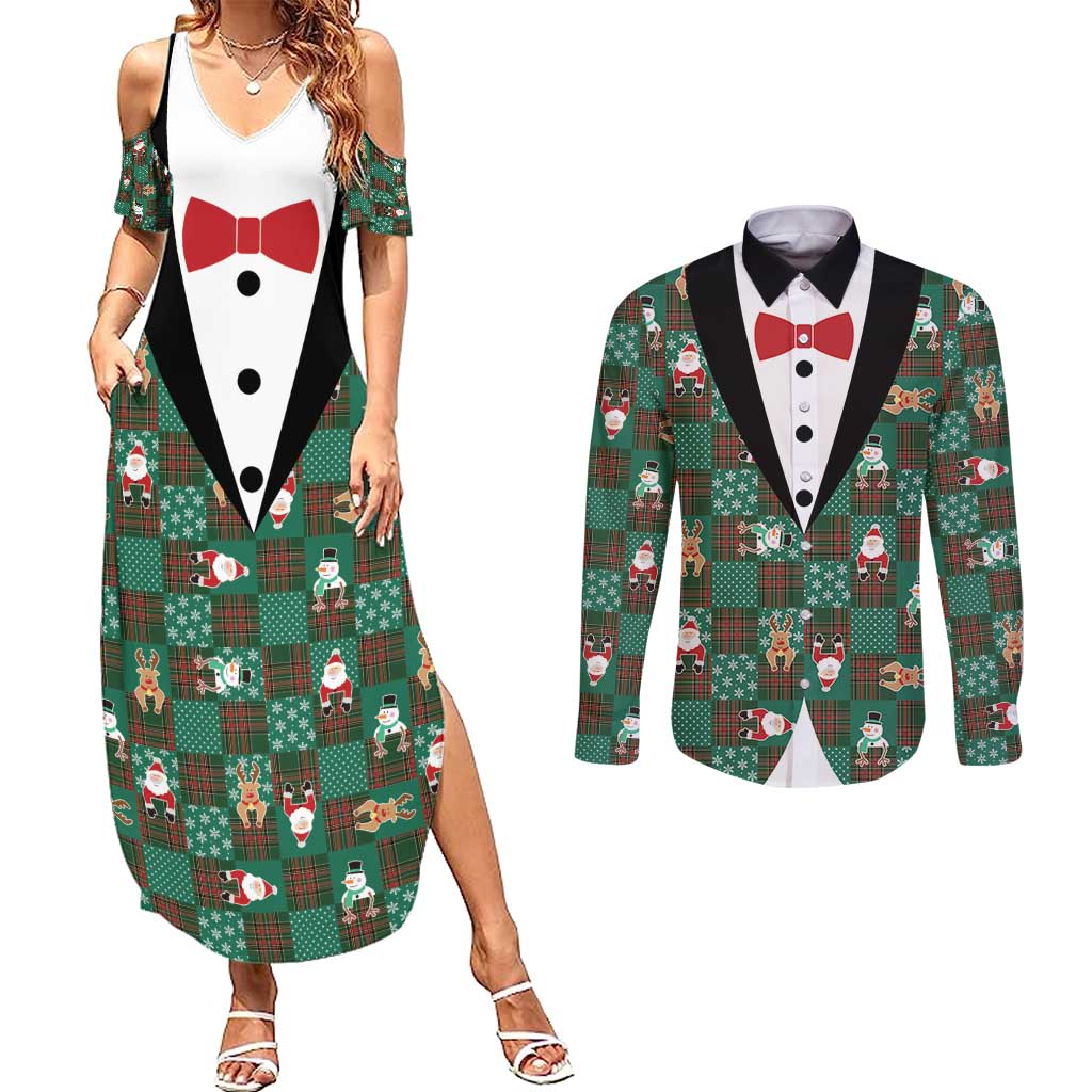 Christmas Patchwork Fake Tuxedo Couples Matching Summer Maxi Dress and Long Sleeve Button Shirt Santa and Reindeer Green Plaid Style - Wonder Print Shop
