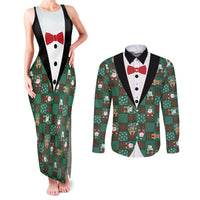 Christmas Patchwork Fake Tuxedo Couples Matching Tank Maxi Dress and Long Sleeve Button Shirt Santa and Reindeer Green Plaid Style - Wonder Print Shop