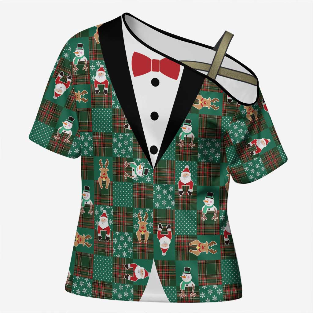 Christmas Patchwork Fake Tuxedo Cross Shoulder Shirt Santa and Reindeer Green Plaid Style - Wonder Print Shop