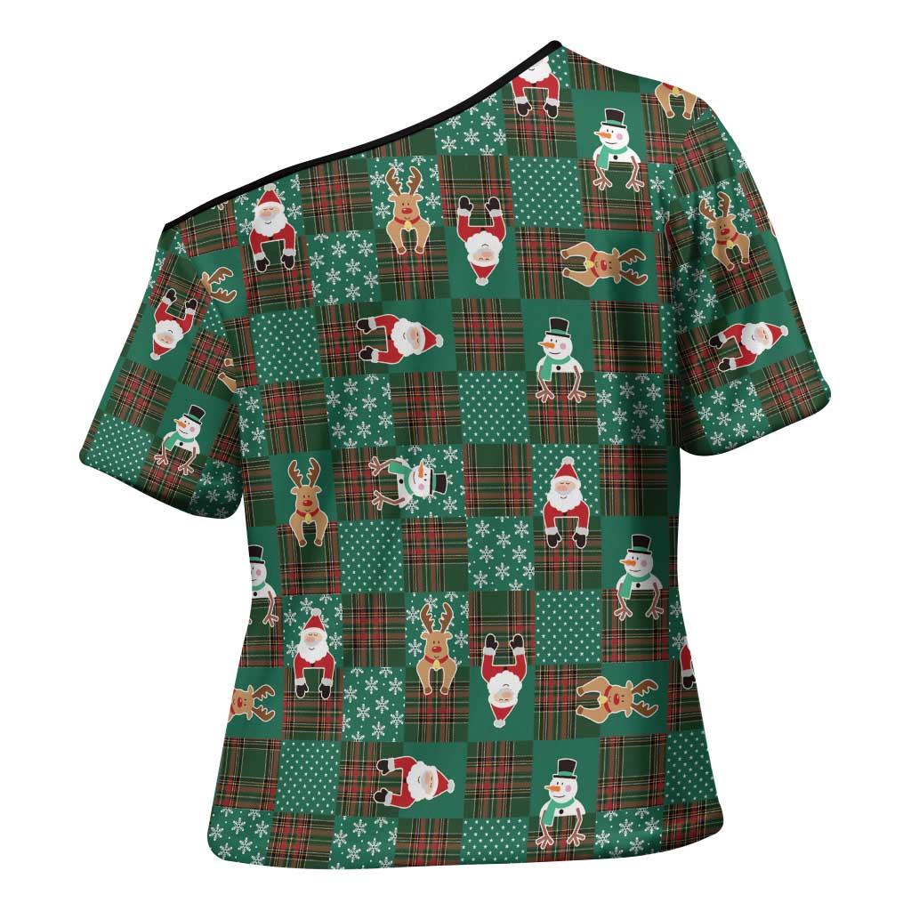 Christmas Patchwork Fake Tuxedo Cross Shoulder Shirt Santa and Reindeer Green Plaid Style - Wonder Print Shop