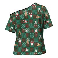 Christmas Patchwork Fake Tuxedo Cross Shoulder Shirt Santa and Reindeer Green Plaid Style - Wonder Print Shop