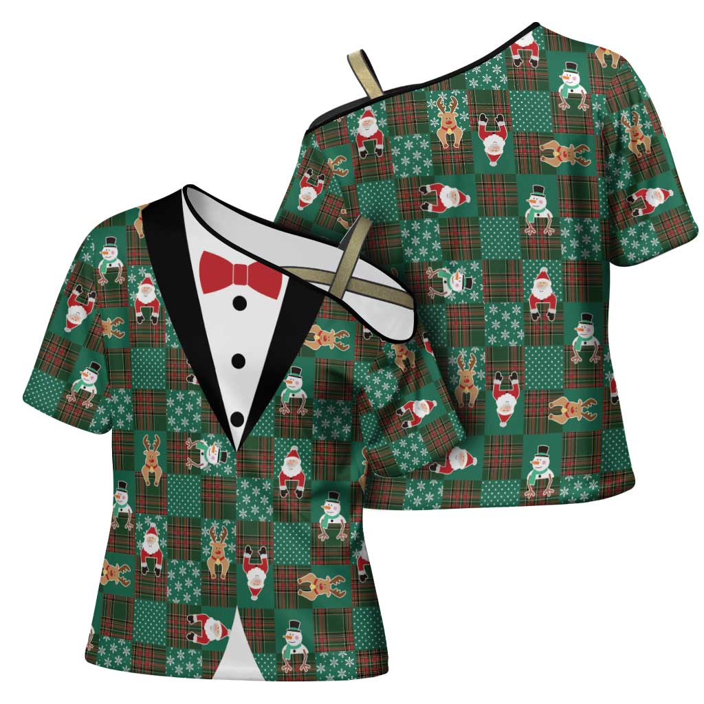 Christmas Patchwork Fake Tuxedo Cross Shoulder Shirt Santa and Reindeer Green Plaid Style - Wonder Print Shop