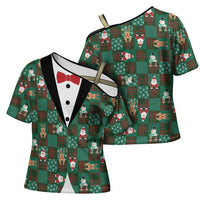 Christmas Patchwork Fake Tuxedo Cross Shoulder Shirt Santa and Reindeer Green Plaid Style - Wonder Print Shop