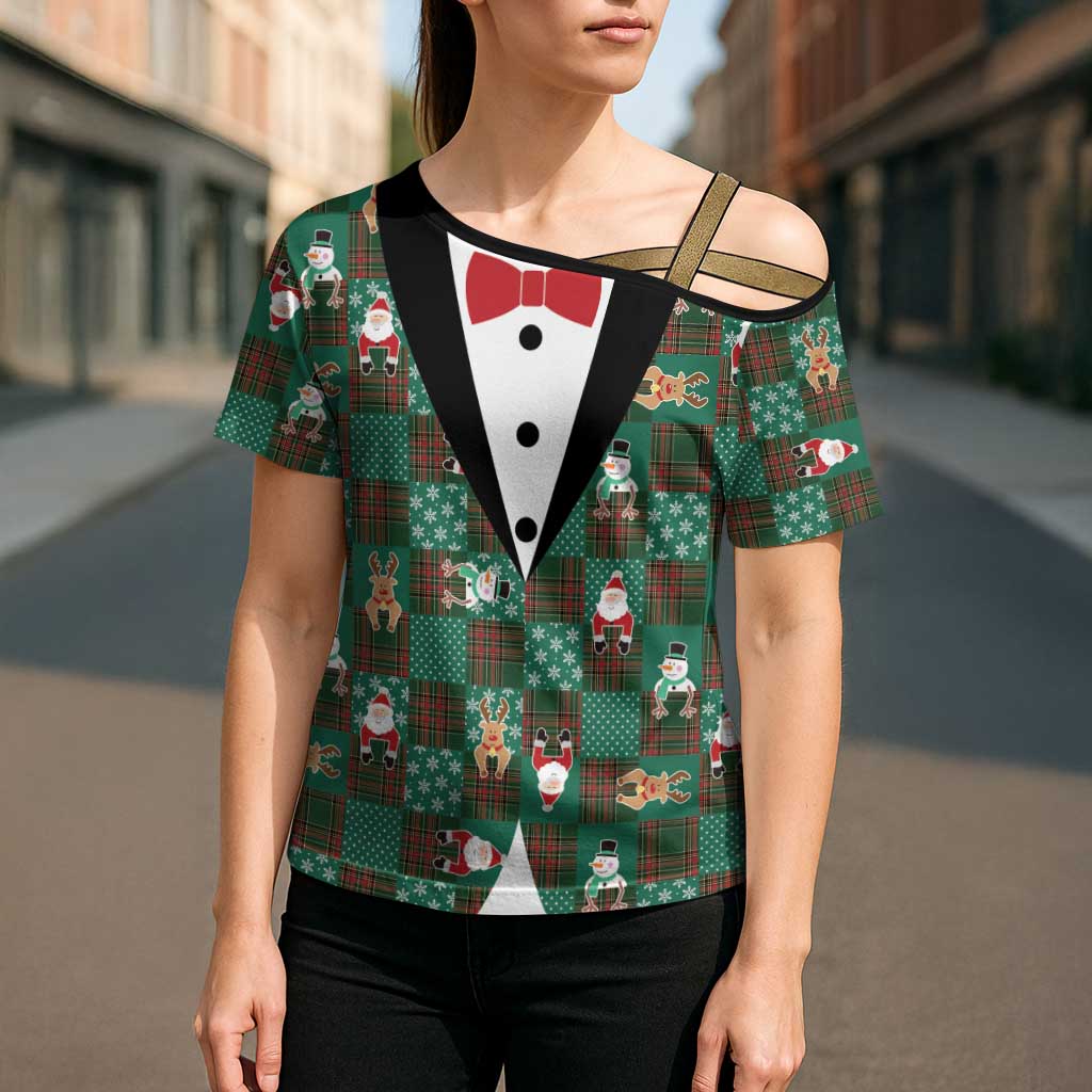 Christmas Patchwork Fake Tuxedo Cross Shoulder Shirt Santa and Reindeer Green Plaid Style - Wonder Print Shop