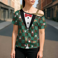 Christmas Patchwork Fake Tuxedo Cross Shoulder Shirt Santa and Reindeer Green Plaid Style - Wonder Print Shop
