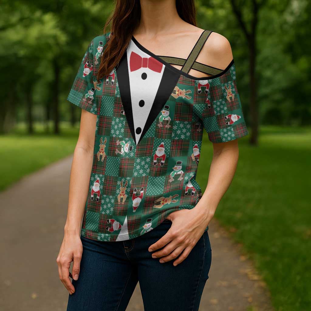 Christmas Patchwork Fake Tuxedo Cross Shoulder Shirt Santa and Reindeer Green Plaid Style - Wonder Print Shop