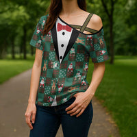 Christmas Patchwork Fake Tuxedo Cross Shoulder Shirt Santa and Reindeer Green Plaid Style - Wonder Print Shop