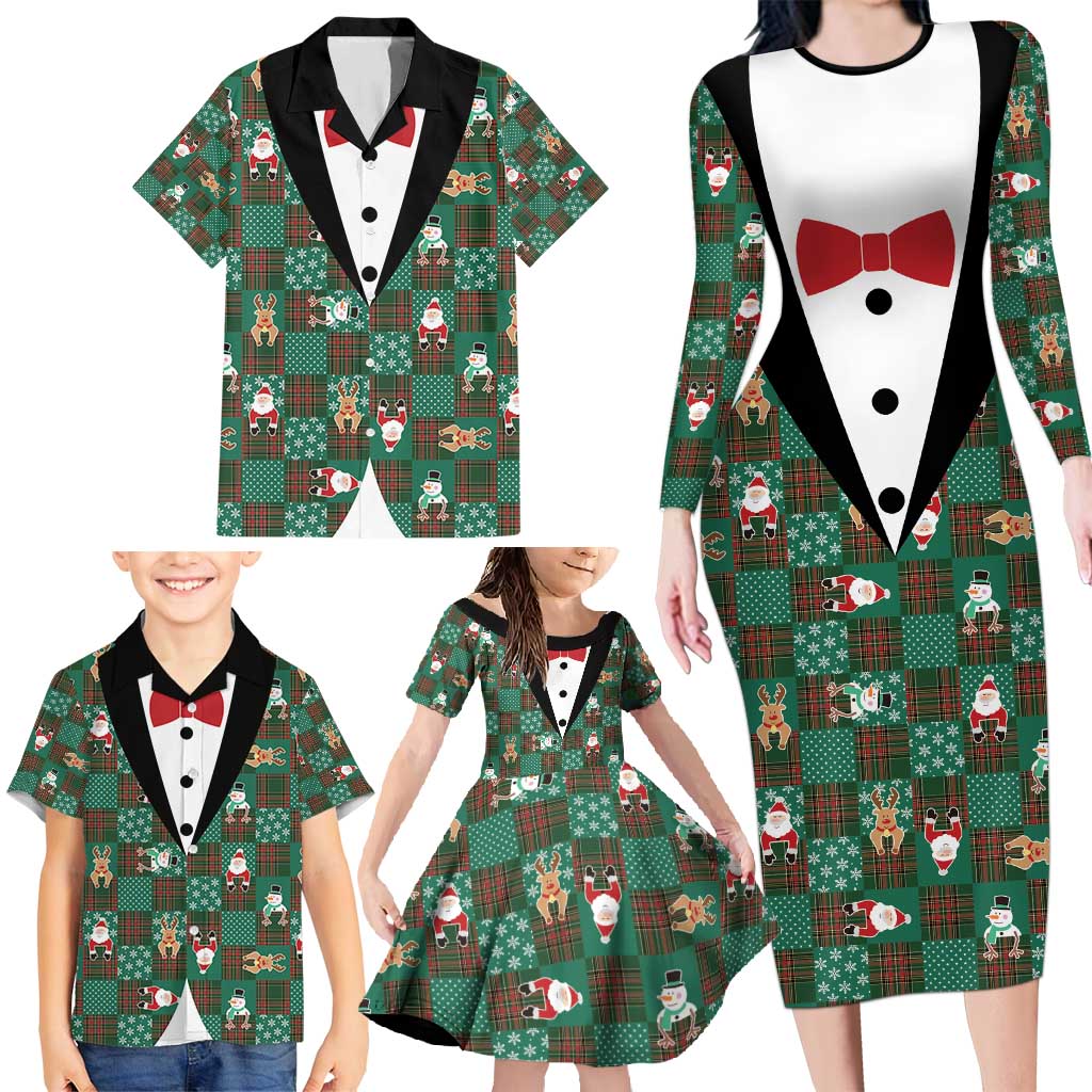 Christmas Patchwork Fake Tuxedo Family Matching Long Sleeve Bodycon Dress and Hawaiian Shirt Santa and Reindeer Green Plaid Style - Wonder Print Shop