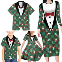 Christmas Patchwork Fake Tuxedo Family Matching Long Sleeve Bodycon Dress and Hawaiian Shirt Santa and Reindeer Green Plaid Style - Wonder Print Shop