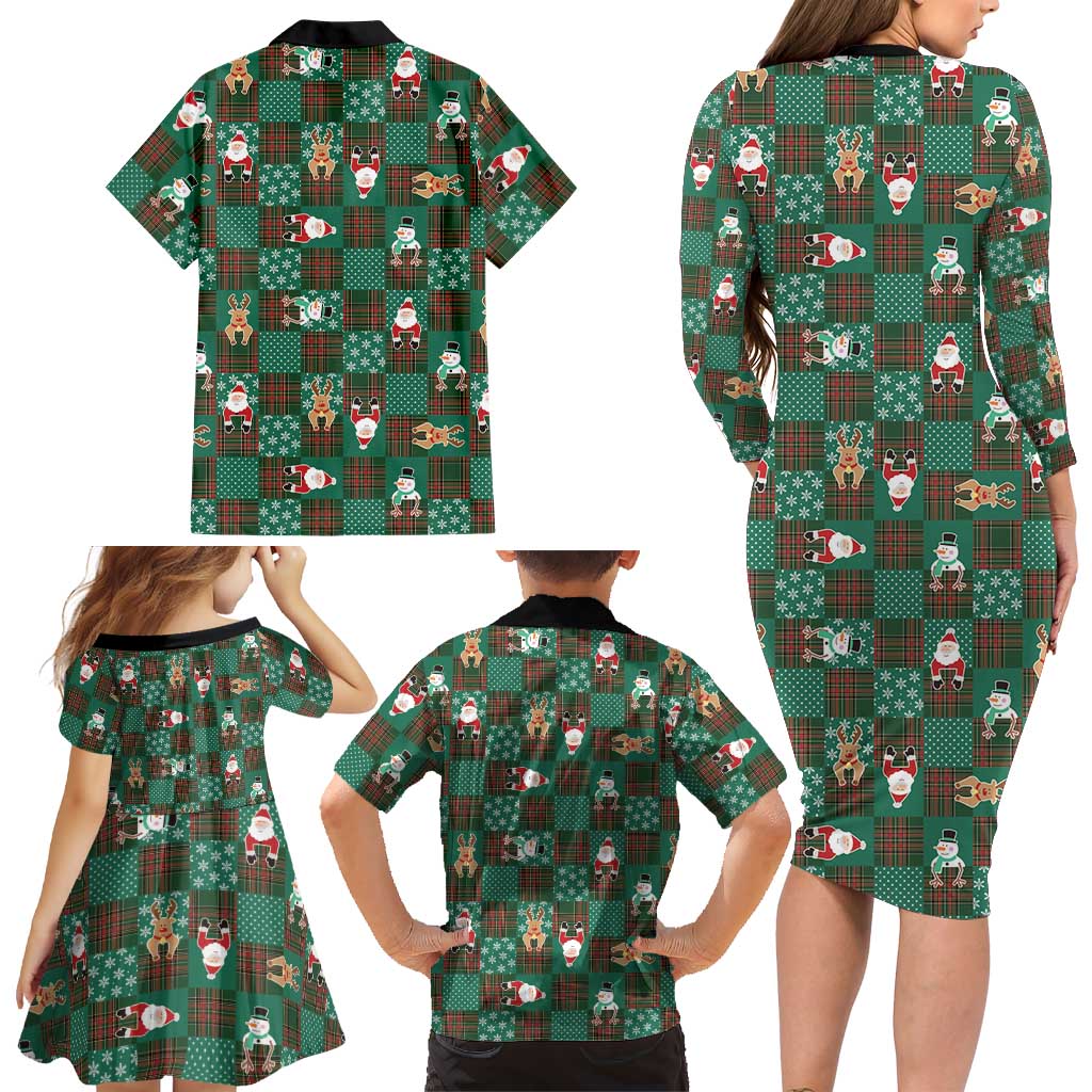 Christmas Patchwork Fake Tuxedo Family Matching Long Sleeve Bodycon Dress and Hawaiian Shirt Santa and Reindeer Green Plaid Style - Wonder Print Shop