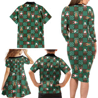 Christmas Patchwork Fake Tuxedo Family Matching Long Sleeve Bodycon Dress and Hawaiian Shirt Santa and Reindeer Green Plaid Style - Wonder Print Shop