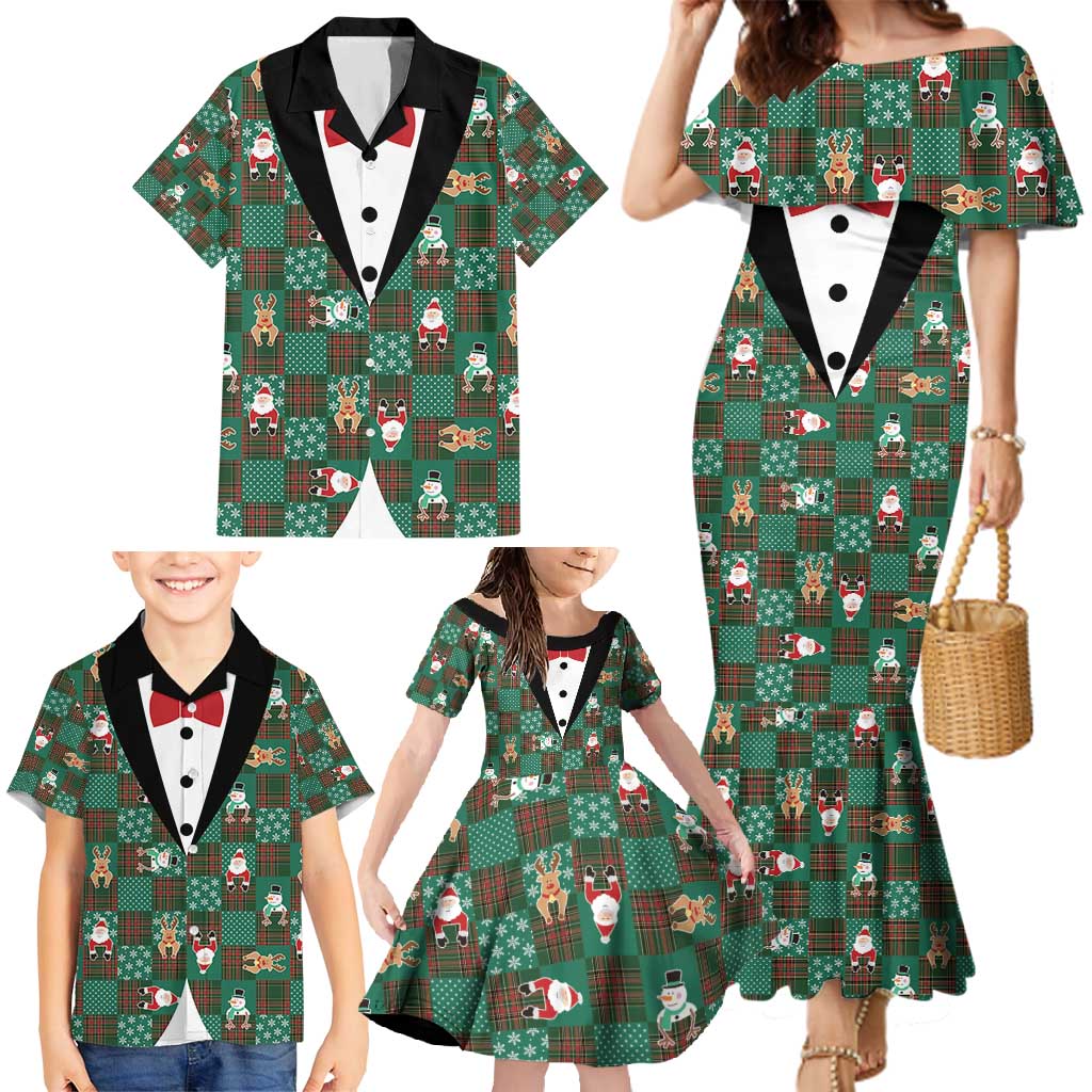 Christmas Patchwork Fake Tuxedo Family Matching Mermaid Dress and Hawaiian Shirt Santa and Reindeer Green Plaid Style - Wonder Print Shop