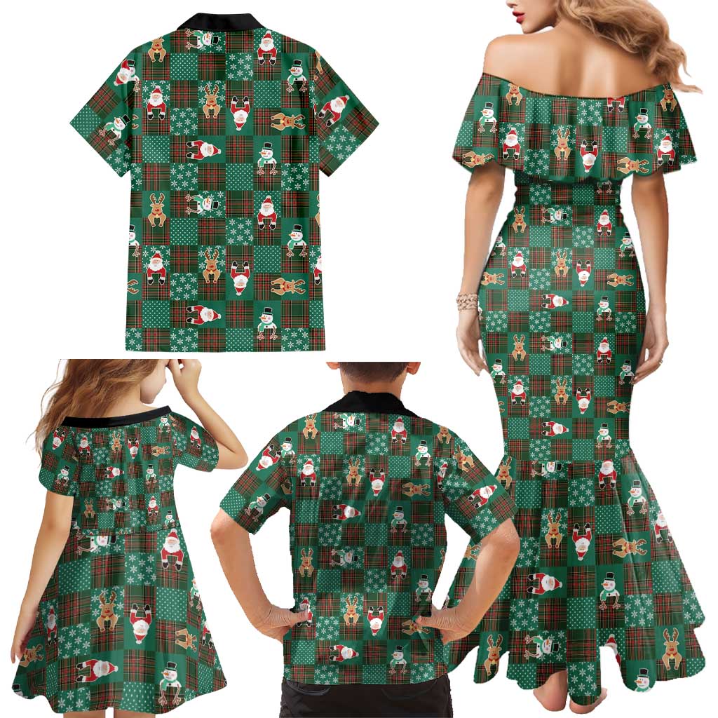 Christmas Patchwork Fake Tuxedo Family Matching Mermaid Dress and Hawaiian Shirt Santa and Reindeer Green Plaid Style - Wonder Print Shop