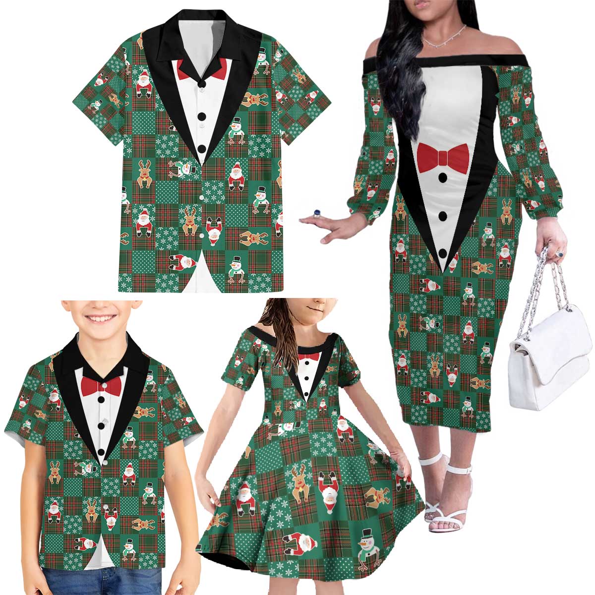 Christmas Patchwork Fake Tuxedo Family Matching Off The Shoulder Long Sleeve Dress and Hawaiian Shirt Santa and Reindeer Green Plaid Style - Wonder Print Shop