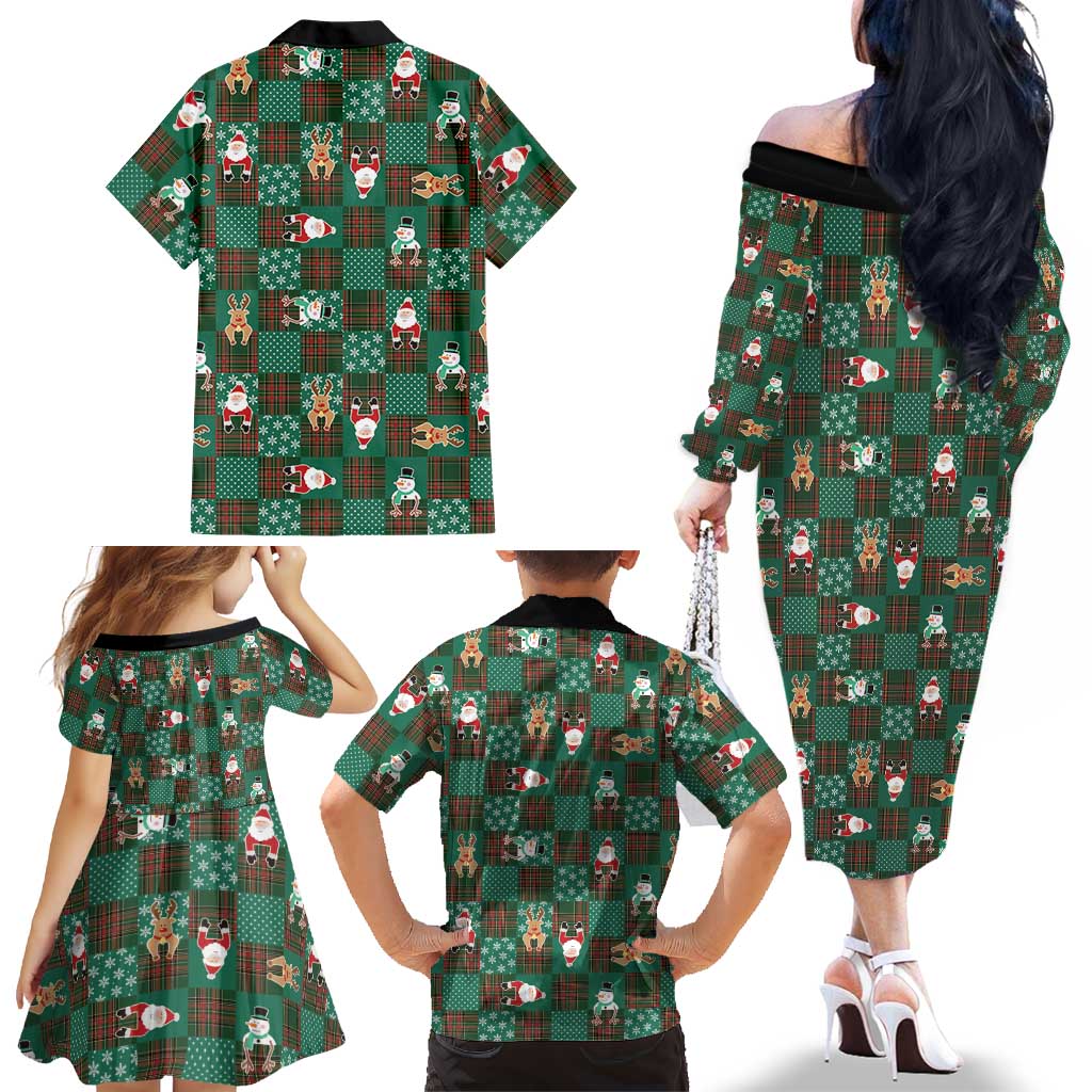 Christmas Patchwork Fake Tuxedo Family Matching Off The Shoulder Long Sleeve Dress and Hawaiian Shirt Santa and Reindeer Green Plaid Style - Wonder Print Shop