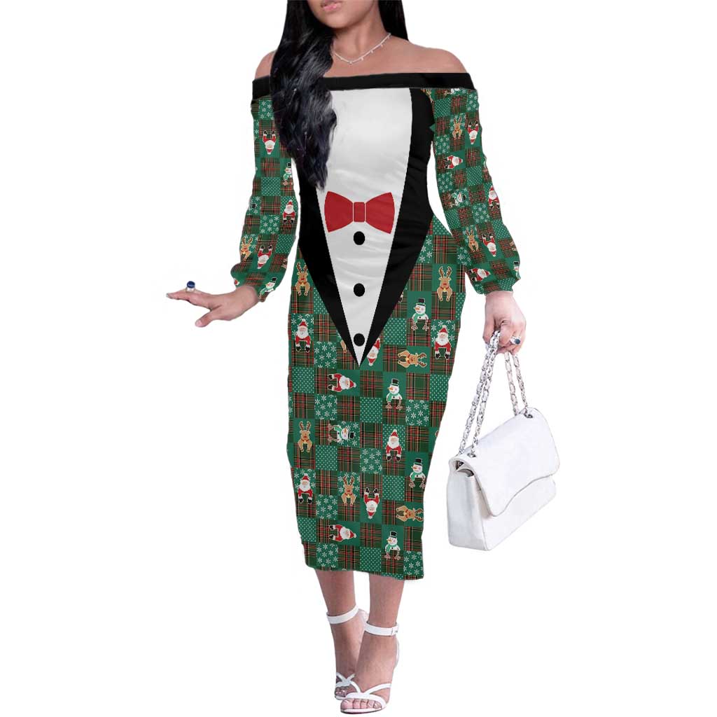 Christmas Patchwork Fake Tuxedo Family Matching Off The Shoulder Long Sleeve Dress and Hawaiian Shirt Santa and Reindeer Green Plaid Style - Wonder Print Shop