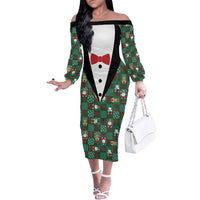 Christmas Patchwork Fake Tuxedo Family Matching Off The Shoulder Long Sleeve Dress and Hawaiian Shirt Santa and Reindeer Green Plaid Style - Wonder Print Shop