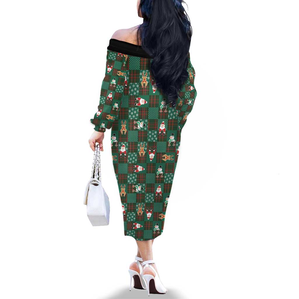 Christmas Patchwork Fake Tuxedo Family Matching Off The Shoulder Long Sleeve Dress and Hawaiian Shirt Santa and Reindeer Green Plaid Style - Wonder Print Shop