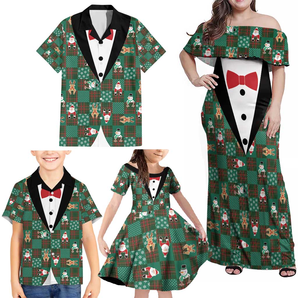 Christmas Patchwork Fake Tuxedo Family Matching Off Shoulder Maxi Dress and Hawaiian Shirt Santa and Reindeer Green Plaid Style - Wonder Print Shop