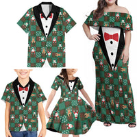 Christmas Patchwork Fake Tuxedo Family Matching Off Shoulder Maxi Dress and Hawaiian Shirt Santa and Reindeer Green Plaid Style - Wonder Print Shop