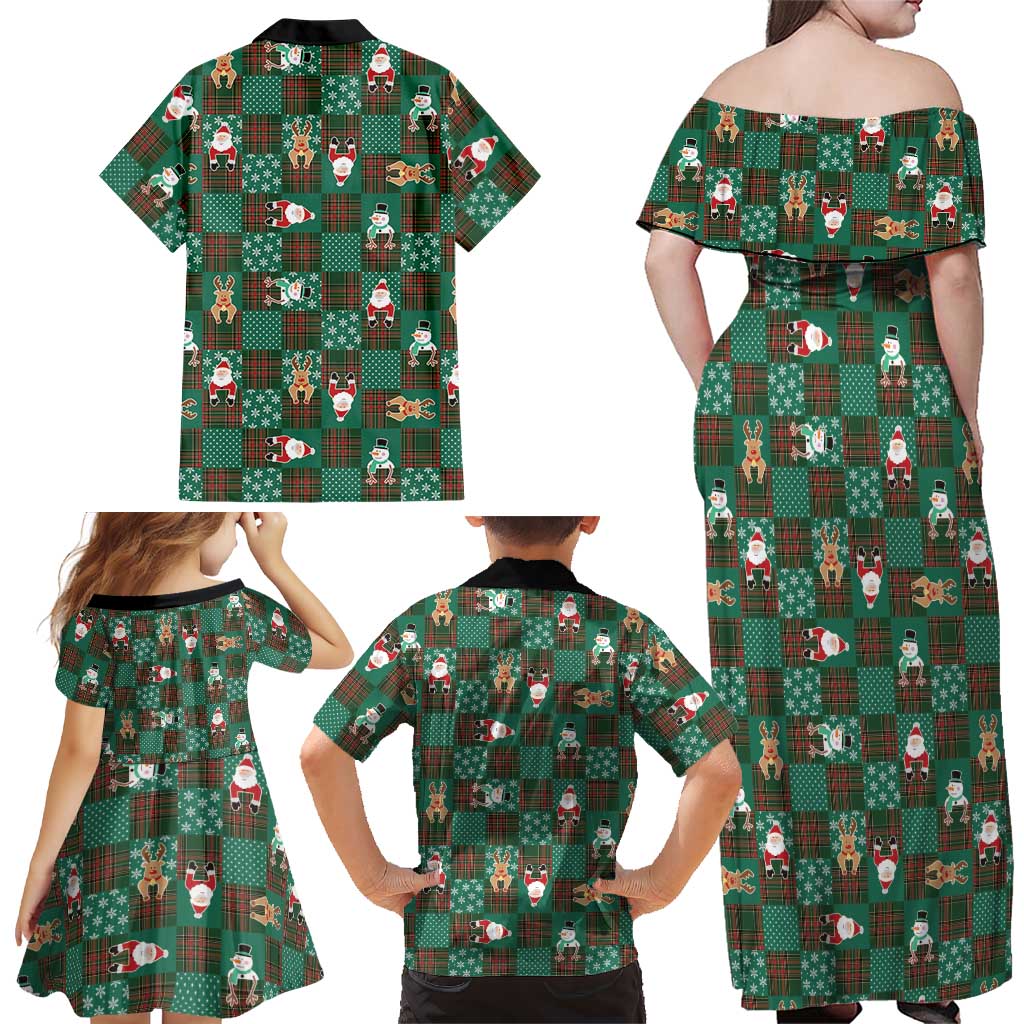 Christmas Patchwork Fake Tuxedo Family Matching Off Shoulder Maxi Dress and Hawaiian Shirt Santa and Reindeer Green Plaid Style - Wonder Print Shop