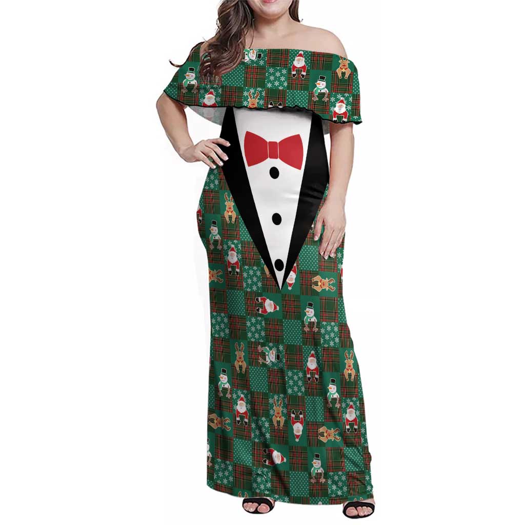 Christmas Patchwork Fake Tuxedo Family Matching Off Shoulder Maxi Dress and Hawaiian Shirt Santa and Reindeer Green Plaid Style - Wonder Print Shop