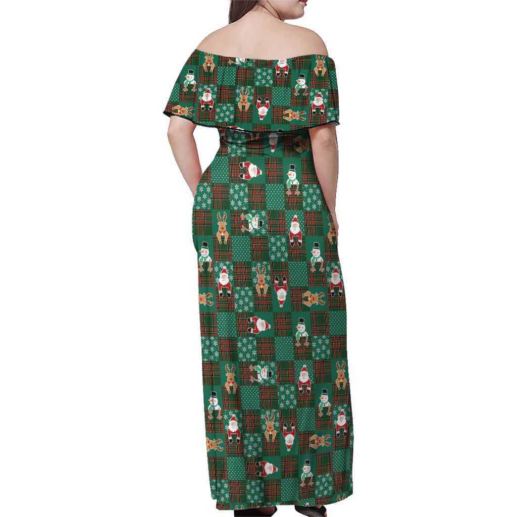 Christmas Patchwork Fake Tuxedo Family Matching Off Shoulder Maxi Dress and Hawaiian Shirt Santa and Reindeer Green Plaid Style - Wonder Print Shop