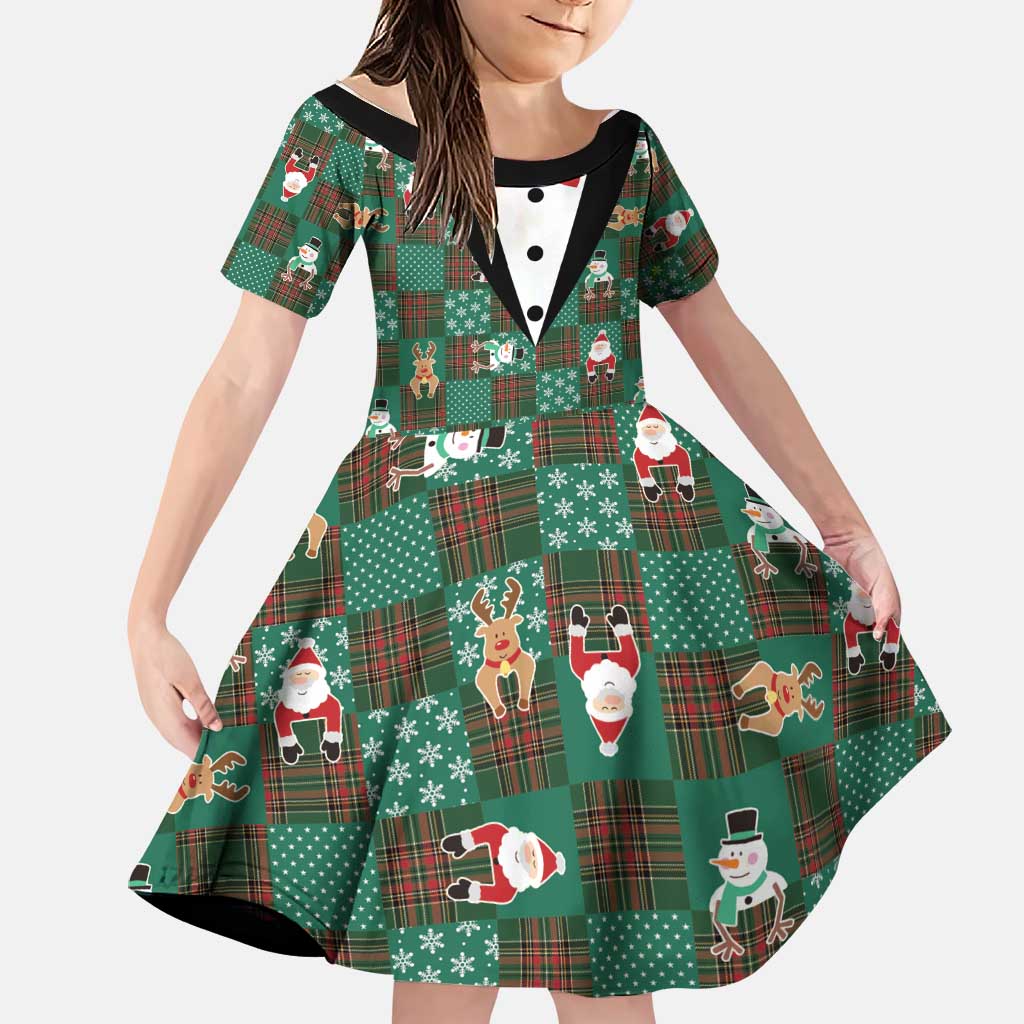 Christmas Patchwork Fake Tuxedo Family Matching Off Shoulder Short Dress and Hawaiian Shirt Santa and Reindeer Green Plaid Style - Wonder Print Shop