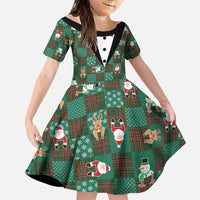Christmas Patchwork Fake Tuxedo Family Matching Off Shoulder Short Dress and Hawaiian Shirt Santa and Reindeer Green Plaid Style - Wonder Print Shop