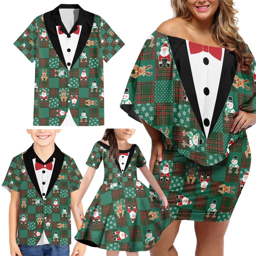 Christmas Patchwork Fake Tuxedo Family Matching Off Shoulder Short Dress and Hawaiian Shirt Santa and Reindeer Green Plaid Style - Wonder Print Shop